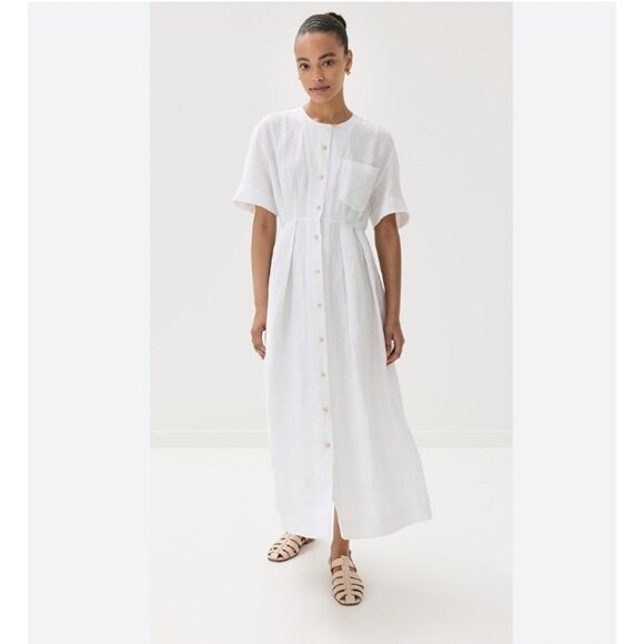 Jenni Kayne Day Dress Womens Medium White Linen Button Front Midi Short Sleeve - Picture 1 of 6
